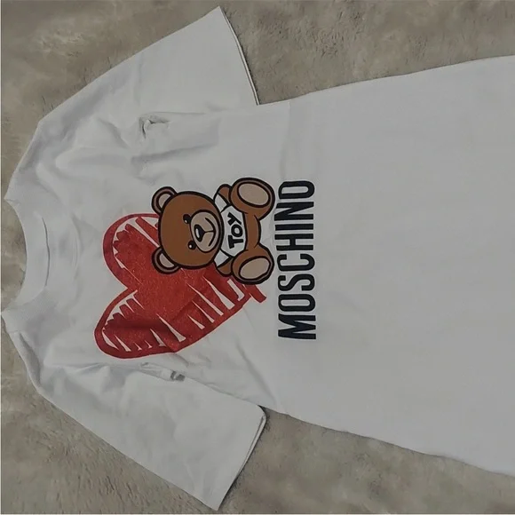 Love Moschino White Dress with Red Heart and Brown Bear